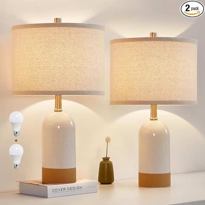 Small Table Lamps Set of 2, Bedside Lamp for Bedroom, 21.5" Nightstand Ceramic Desk Lamp for Kids Room, Living Room, Dorm, Reading, Home Office, Bulbs Included