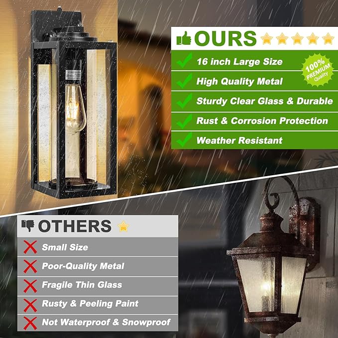 FILIYANO Large Dusk to Dawn Outdoor Wall Lights, 16 Inch, Modern, 2 Pack | Anti-Rust, Waterproof, Matte Black Exterior Fixture with Photocell, Farmhouse Wall Sconces for Garage, Porch, Front Door, E26