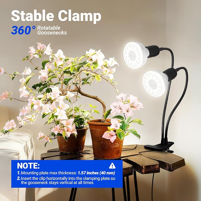 Barrina OG11A2 Clip On Grow Light for Indoor Plants, 5000K 22W(2 x 11W) | Integrated Stepless Dimming & Timing, Full Spectrum, High PPFD, 2-Gooseneck with E26 Plant Light Bulbs