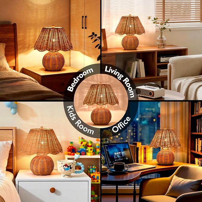 Rattan Small Bedside Mini Table Lamp for Bedroom, Boho Bedroom Lamps for Nightstand, Wicker Mini Table Lamps for Small Spaces with Scalloped Shade for Kitchen Counter, Bookshelf, Kids Dorm, Office