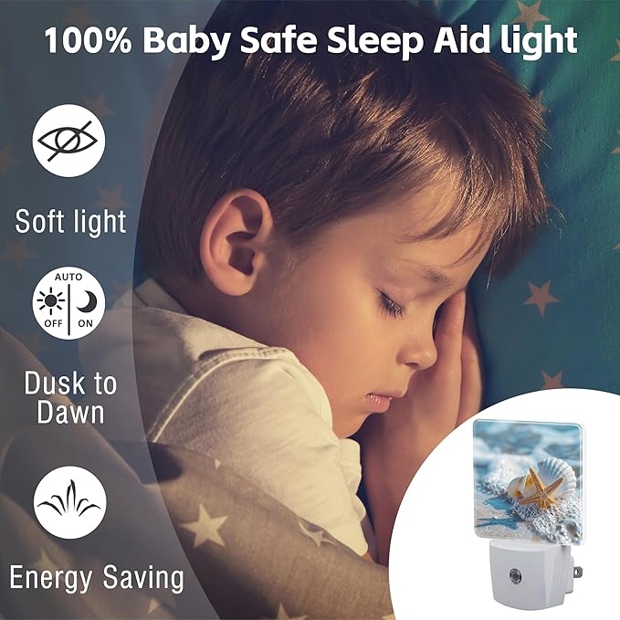 Starfish Seashell on Beach Night Light Plug into Wall, Summmer Ocean Beach Dusk to Dawn Night Light,0.5w Energy Saving Sleep Friendly Nightlights for Kids Boys Girls Home Decor