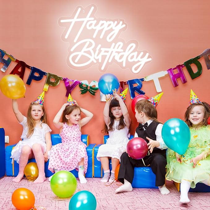 Happy Birthday Neon Sign for Wall Decor, USB Powered LED Neon Sign with Dimmable Brightness, Ideal for All Ages Birthday Parties and Celebrations, With 2 Pcs Birthday Cards (17×12 Inch)