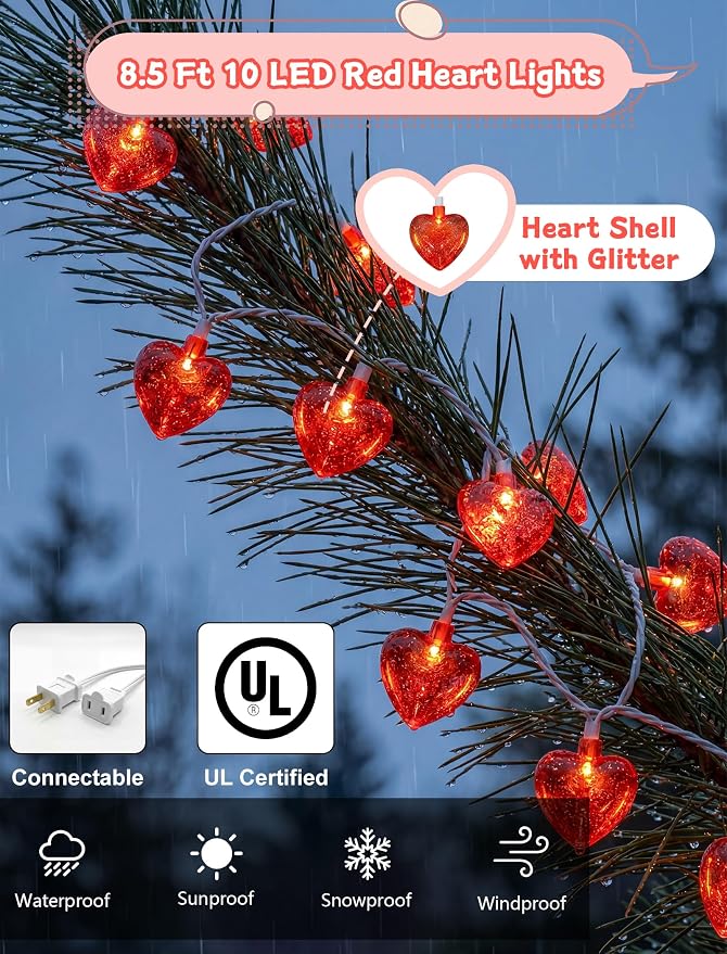 8.5 Ft Heart String Lights, Valentines Day Decorations Lights with 10 LED Glitter Red Heart Lights, Plug in Fairy Heart Shape String Lights for Wedding Anniversary Party Valentine's Day