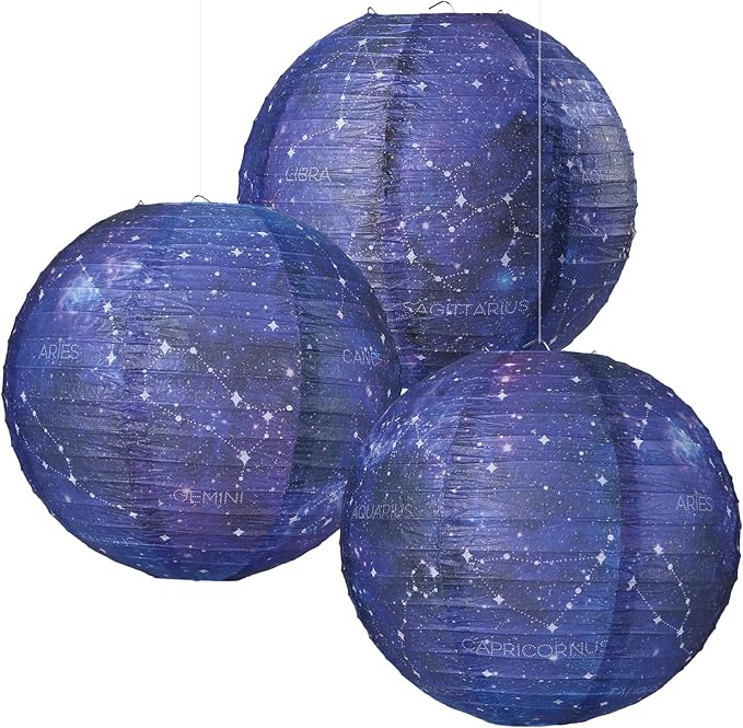 3pcs Galaxy Paper Lanterns with Constellation - 12 inch | Space Party Decor, Galaxy Themed, For Galaxy Party Decorations, Birthday Room Decorations