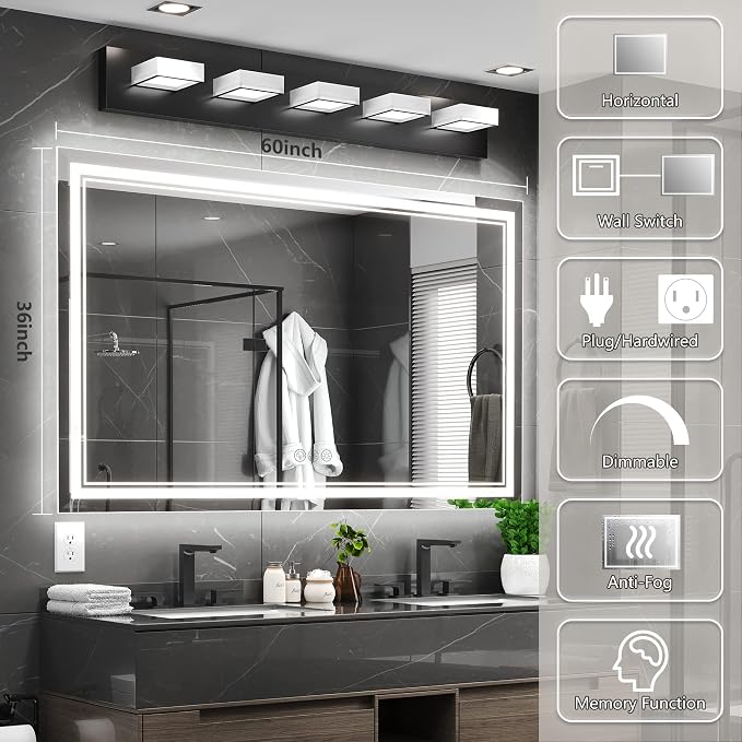 Ratsamee 60x36 Inch Led Mirror for Bathroom with Front Light and Backlit, Bathroom Mirror with Led Lights, Vanity Mirror with Lights for Wall, Anti-Fog, Dimmable, Memory Function, Tempered Glass