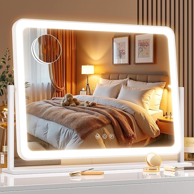 Gvnkvn Lighted Makeup Mirror, 17.3"x13" Hollywood Vanity Mirror with Led Lights, Three Color Lighting Modes, and 5X Magnification Mirror, Smart Touch Control, 360°Rotation(Round Corner)