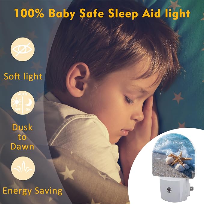 Starfish and Seashells on Beach Night Light for Kids,Summer Beach Ocean Waves Plug in Night Light with Dusk to Dawn Sensor, 0.5w Energy Saving Nightlight for Hallway Stairway Kitchen Bedroom