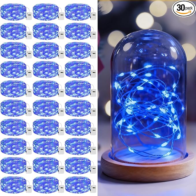 litogo 30 Pack 7FT 20 LED Fairy Lights Battery Operated, 3 Lighting Modes, Bulk Mini Twinkle String Lights Waterproof Silver Wire for Weddings Mason Jars Party Christmas Decorations-Blue