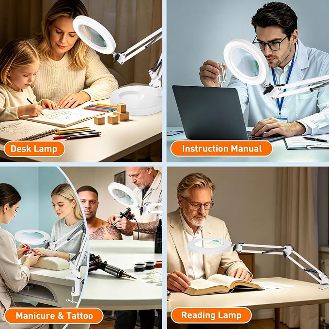KIRKAS 10X Magnifying Glass with Light and Stand, 2 in 1 Stepless Dimmable | LED Desk Lamp with Clamp, 3 Color Modes Lighted Magnifier Swivel Arm Light for Reading, Craft, Close Works - White