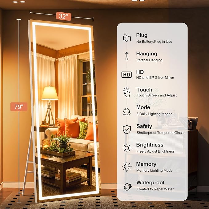 79" x 32" Full Length Mirror with Lights, Large LED Lighted Floor Standing Body Mirror, Dimmable & 3 Color Lighting for Bedroom, Cloakroom, Dressing Room, Tempered Glass, White Frame