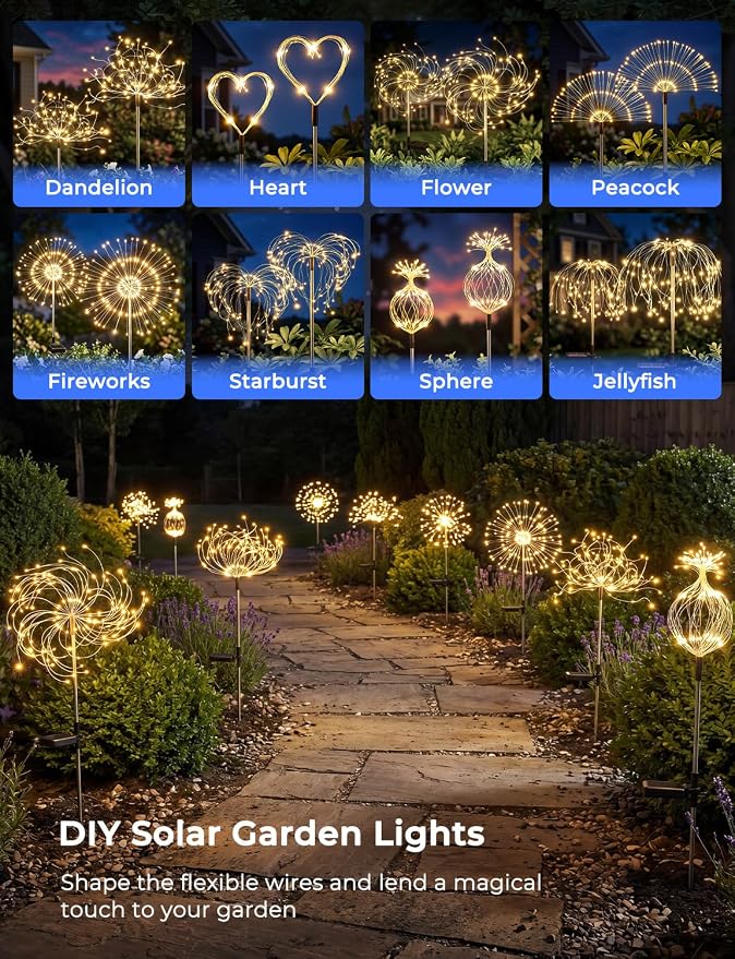 Brightown 150LED Solar Garden Lights Outdoor, 8 Modes 2 Pack Firework Fairy Lights for Outside Decorative, Solar Powered Stake Flowerbed Planter Decorations for Yard Pathway Patio Christmas,Warm White | 8 Modes, Firework Fairy Lights, Solar Powered, Fl...