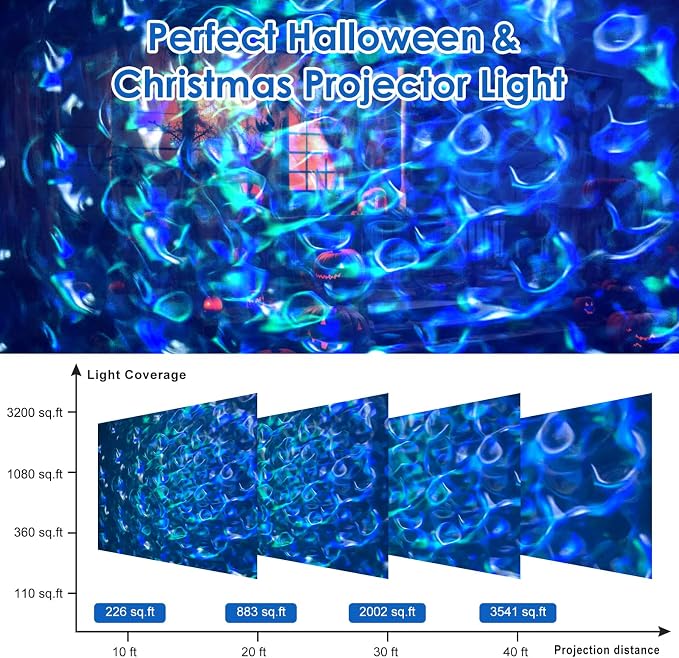 Ocean Wave Projector Light Outdoor 15 Colors Water Ripple Effect Lamp | IP65 Outdoor Projector with Remote for Halloween Christmas Decor – Ideal for Yard, Wall, Ground, Parties & Holiday Displays