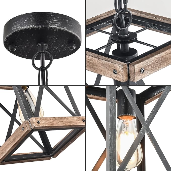Farmhouse Pendant Light, Adjustable Metal and Wood Chandelier Light Fixture, Rustic Pendant Lighting for Kitchen Island, Bedroom, Dining Room and Entryway (Brown), 2 Pack