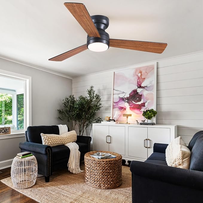 Asyko 46" Brown Modern Low Profile Ceiling Fans with LED Lights and Remote | Flush Mount,Reversible 6 Wind Speeds, Dimmable 3 CCT LED Light, 25W Quiet DC Motor,3 Double-Sided Blades,for Bedroom Kitchen