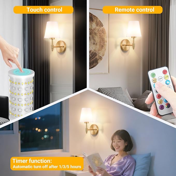 Vimhou Peel and Stick Wall Sconces, Stick On Wall Sconce Set of 2, Battery Operated Wireless Wall Light, No Drill Adhesive Wall Lamp, Corn Bulb with 10000mAh Rechargeable Battery, Bedroom Wall Decor