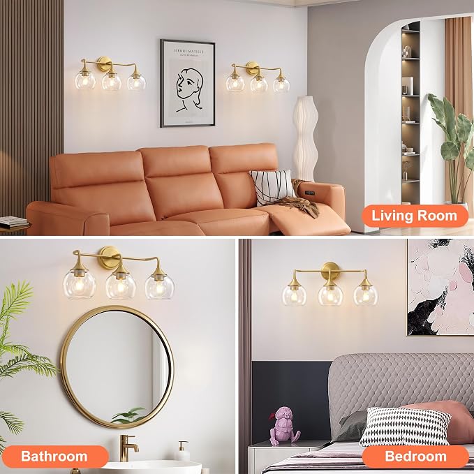 Gold Bathroom Light Fixtures 3-Light Farmhouse Vanity Light 22" | Modern Vanity Lighting Fixtures Over Mirror, Thickened Clear Glass Shade, UL E26 Dimmable