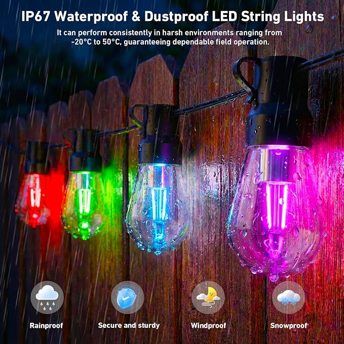 Outdoor String Lights,200FT Smart RGB+IC Patio Lights with Shatterproof LED Bulbs ,Outside Light Dimmable Patio for Decor DIY IP67 Waterproof ,Courtyard, garden,Holiday,LED lights more Scene Modes