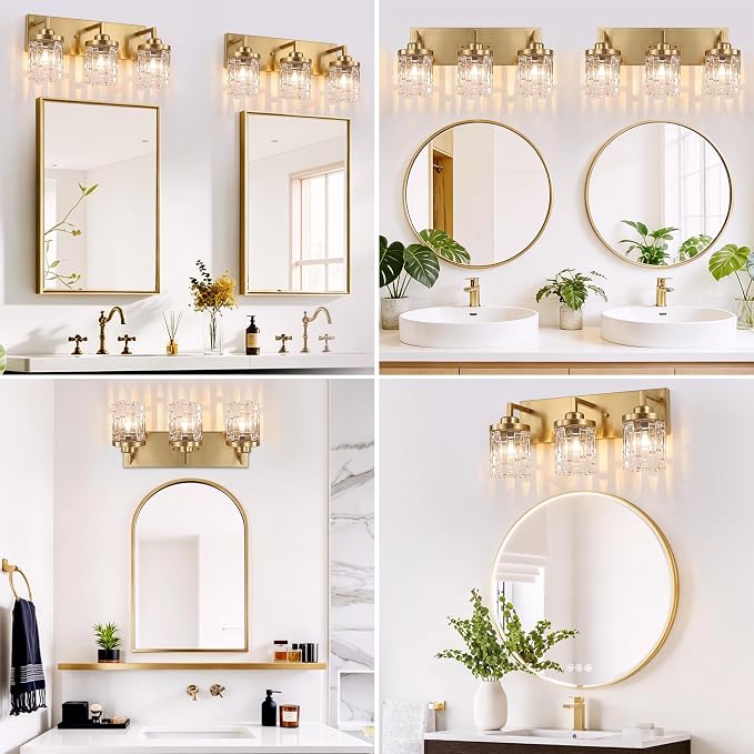maesta Gold Bathroom Light Fixture,3 Light Modern Vanity Light Over Mirror | Modern Vanity Light, Gold Metal & Crystal Glass Fixture, Anti-Rust, Easy to Install for Bathroom Hallway Bedroom Entryway