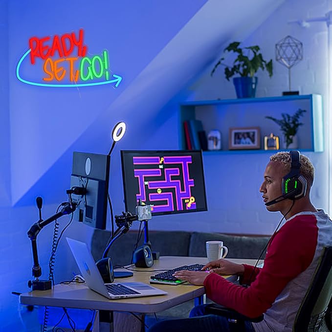 Ready Set Go Neon Sign for Game Room Colorful Game Neon Light Anime Gamer Led Light Sign Dimmable Gaming Light Up Sign for Boys Bedroom Man Cave Party (16.5 * 9.4 In)