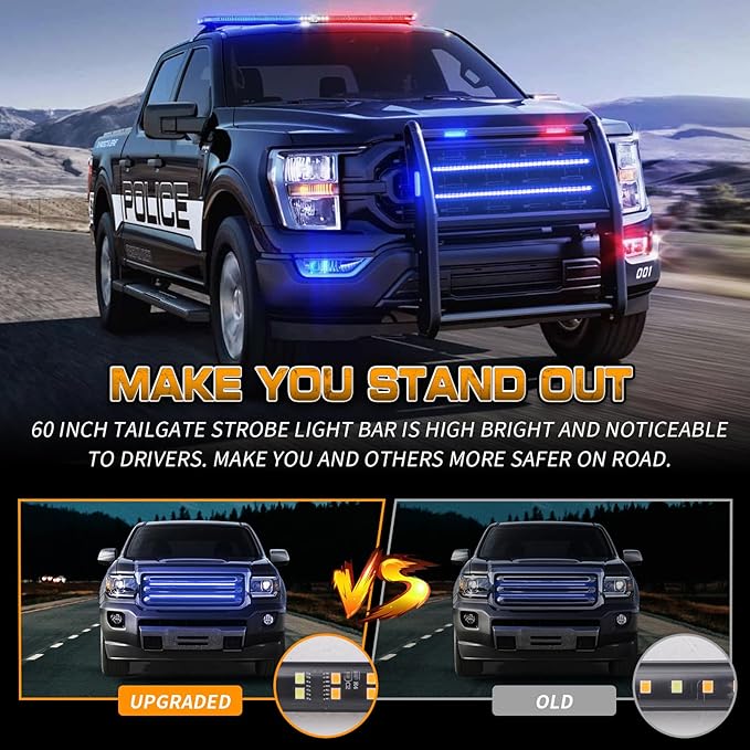 XRIDONSEN 2PCS 24 inch Truck Blue Emergency Grill Lights Strip 288 LED Grille Strobe Lights Flashing Warning Safety w/Waterproof Tube First Responder Lights for Firefighter Police Vehicles Fire Trucks