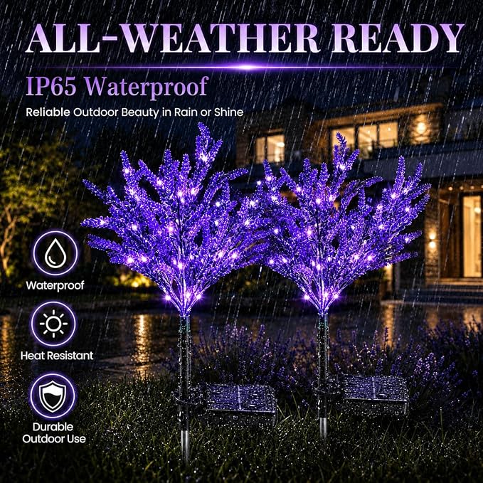 Geegoods Lavender Solar Garden Lights, 2 Pack Outdoor LED Flowers | 2 purple lavender solar flowers with LEDs; auto on/off, IP65 waterproof stakes for pathway, yard, patio and Halloween decor