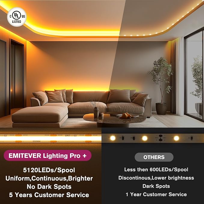EMITEVER COB LED Strip Lights 2700K 24V, 32.8ft/10m, 5120LEDs, UL Listed | Warm White Tape Light Premium High Density,for Bedroom, Kitchen,Cabinets,360+Lumens/ft,Ra 90+ (Power Supply Sold Separately)