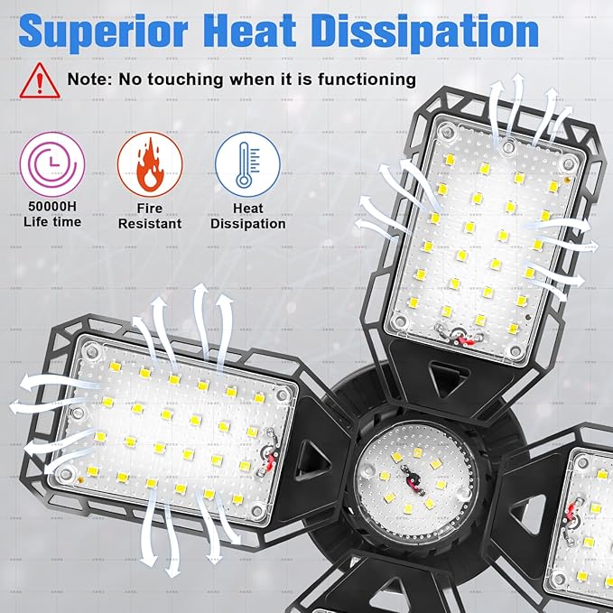 LED Garage Lights 4 Pack -120W, 12000LM 6500K Led Shop Light with 4+1 Deformable Panels, Basement Barn Light Garages Ceiling Lights, E26/E27 for Garage, Warehouse, Shop