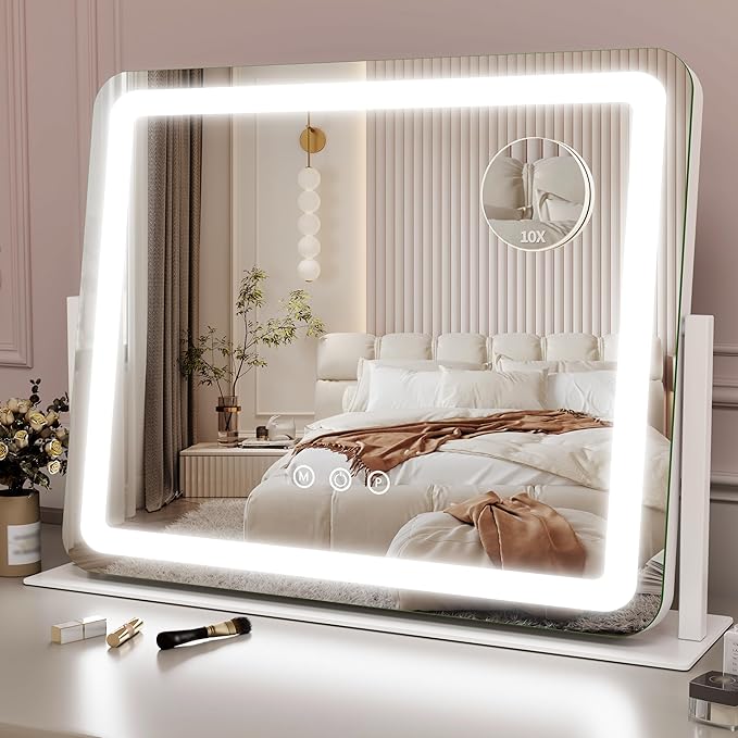 ROLOVE Large Vanity Mirror with Lights, 22"x17" Lighted Makeup Mirror for Desk, 3 Color Dimmable LED Lights, Smart Touch Control & 360° Rotation Tabletop Dresser Mirror (White)