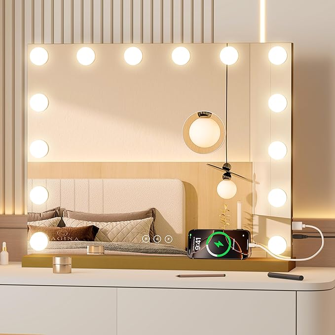 Vanity Mirror with Lights 19.7''x16.6'' Makeup Mirror with Lights Lighted Up Mirror with Dimmable LED Bulbs,3 Color Lighting Modes,USB Charging Port Touch Control,Sturdy Metal Frame Design,Gold
