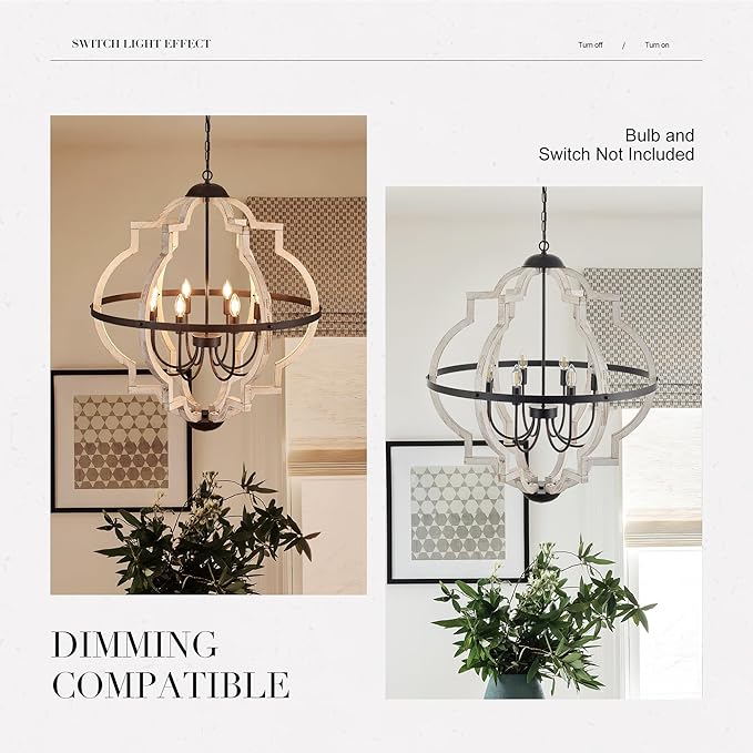 31.5'' 8-Light Farmhouse Chandelier for Dining Room Vintage Rustic White Wood Pendant Light Fixtures Globe Hanging Ceiling Lighting for Hallway Entry