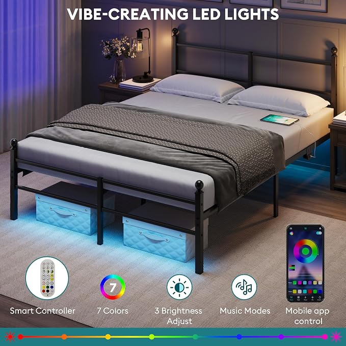 Queen Size Bed Frame with Headboard - Metal Platform Bed with LED Lights, Charging Station, Under Bed Storage and Heavy Duty Steel Slats Support - No Box Spring Needed, Easy Assembly, Black