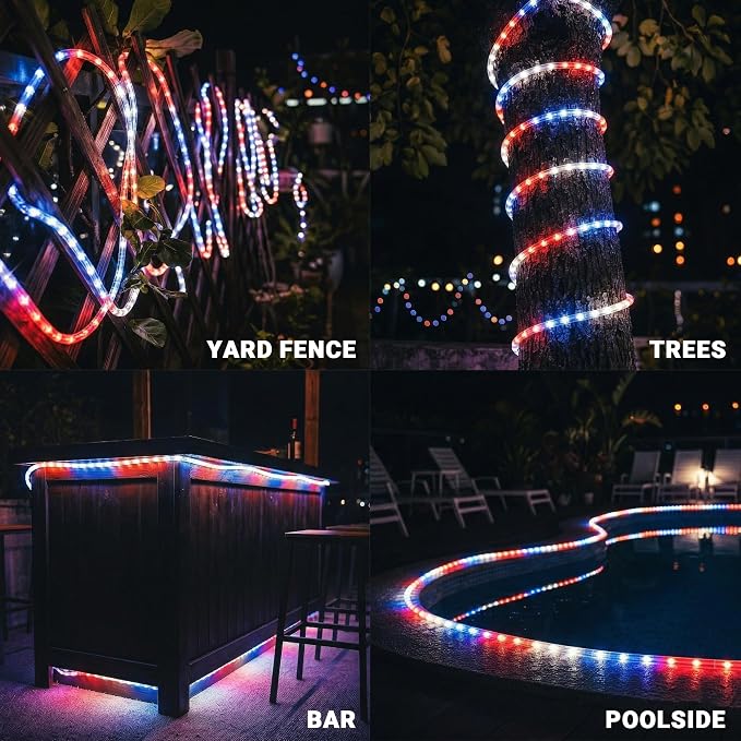 50ft Red/Blue/White Rope Lights,Connectable for Indoor & Outdoor,110V Flexible Tube Lights,Waterproof LED Rope Lighting for Outside,Deck,Patio,Pool, Camping,Bedroom Decor,Landscape Lighitng