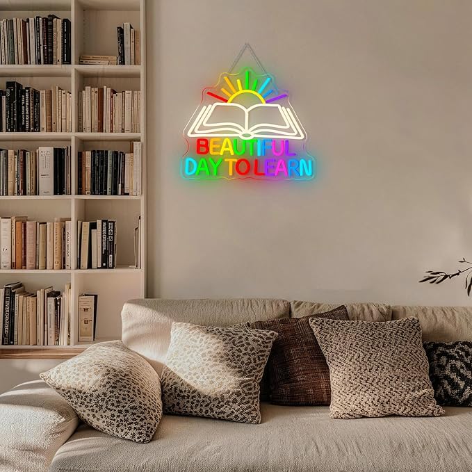 Beautiful Day Neon Sign To Learn Study Neon Signs for Classroom Wall Decor Rainbow LED Lights Up Classroom Bedroom in Reading Corner Decor Library LED Sign Study Office Gifts for Teens