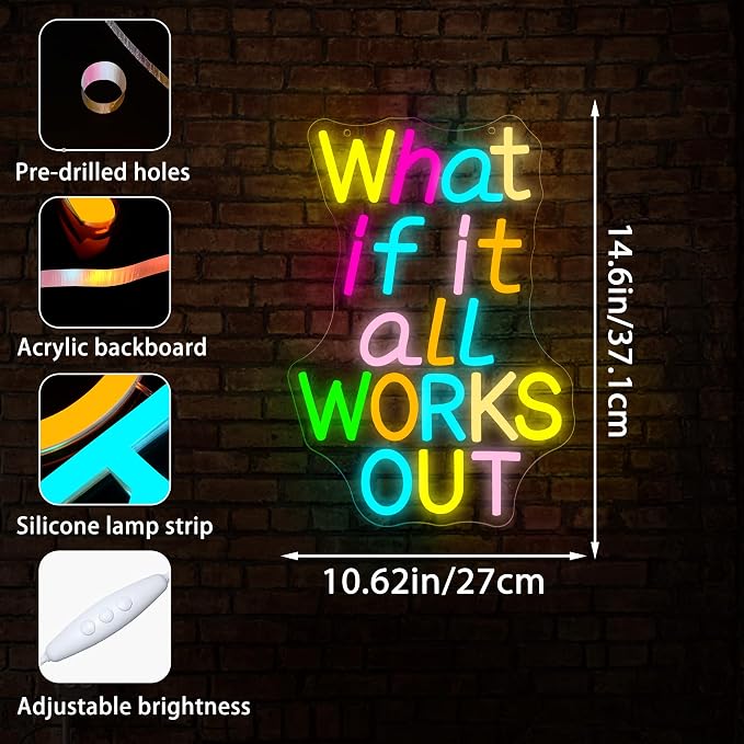 What If It All Works Out Neon Sign for Wall Decor | Dimmable inspirational neon light, gym office classroom bedroom decor, wall gift for teenagers, size 14.6*10.6 in