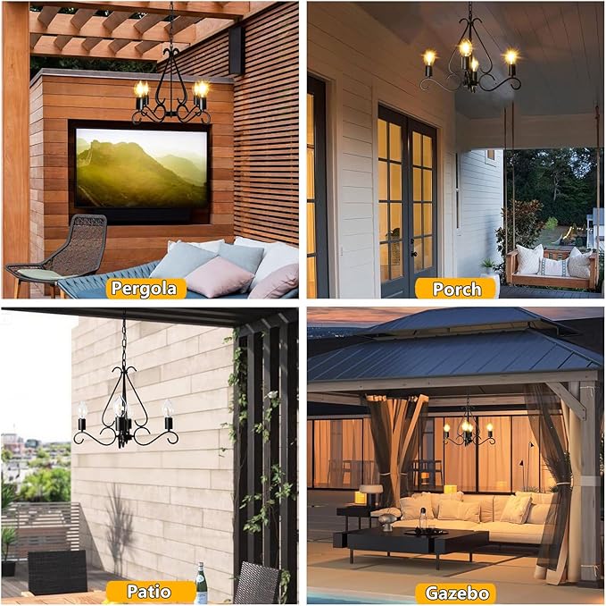 Solar Chandelier Outdoor, 4-Lights 23" Rustic Farmhouse Industrial Iron Chandeliers Waterproof Dimmable Hanging Pendant Lights for Gazebo, Pergola, Canopy, Tent Decor