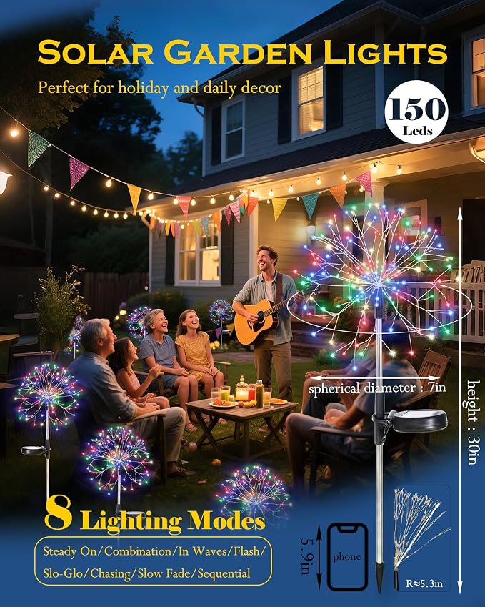 Solar Garden Lights Outdoor Yard Decorations, 2 Pack 150Leds Pathway Lights Stake, Fairy Firework Light for Garden, Patio, Pathway, Flowerbed Multicolor