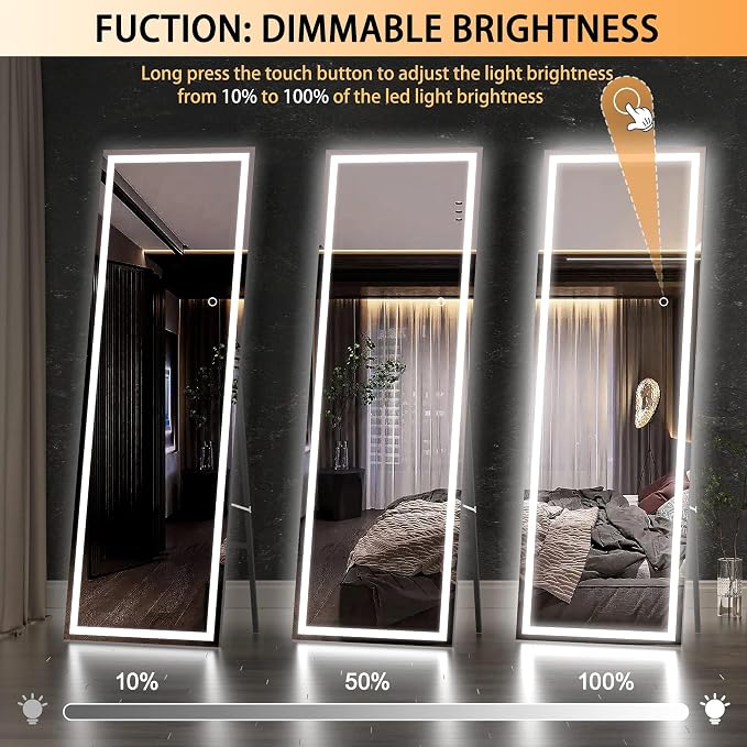 Hasipu Full Length Mirror with Lights, 56" x 15.8" LED Floor, Full Body Dressing Standing, Hanging Mounted Mirror, Square Black
