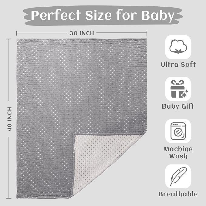 NTBAY 3 Layer Muslin Toddler Blanket, 30 x 40, Grey Dot | Breathable Muslin Cotton Outer Layers with Light Thermal Fill, Reversible for Stroller, Daycare, Travel, and Supervised Use
