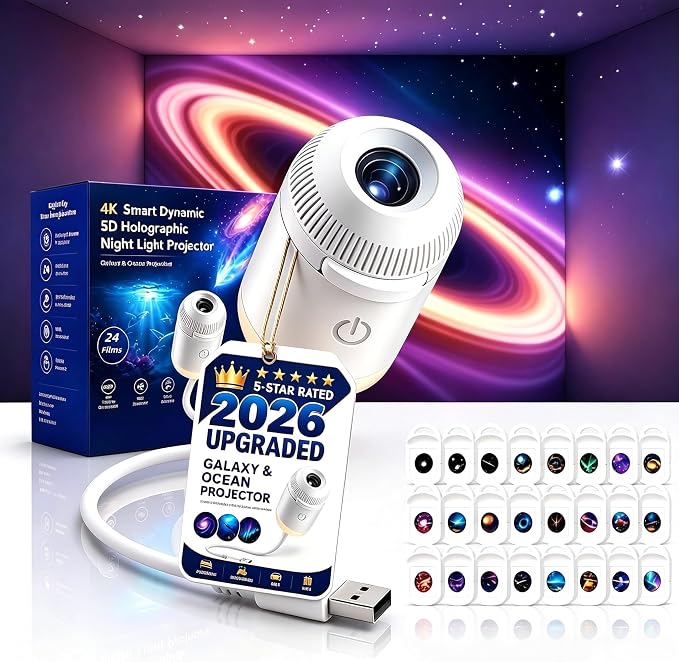 2026 Upgraded 5D Holographic Galaxy Ocean Projector, 2-in-1 Night Light Projector with 24 Films, 360° Flexible Gooseneck Touch Control Dimmable USB Plug & Play Star Lamp for Bedroom (6, Multicolor)