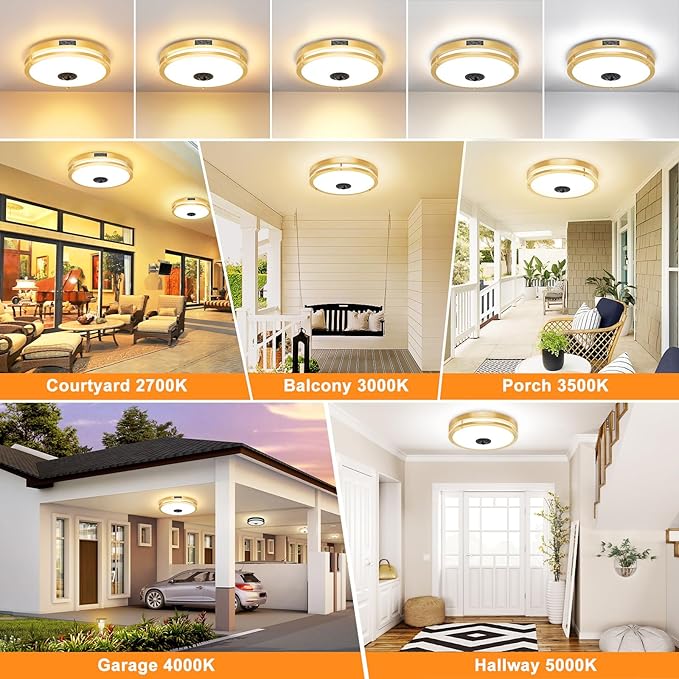 2 Pack 24W LED Motion Sensor Outdoor Ceiling Light, 12IN 2700K/3000K/3500K/4000K/5000K Adjustable Ceiling Lights, Dusk to Dawn Flush Mount LED Ceiling Light Fixture for Porch, Garage, Gold