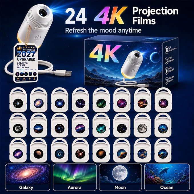 2027 Upgraded Hd Smart Dynamic 5d Holographic Night Light Projector, Plug and Play Hd Star Projector, 360° Adjustable Hd Galaxy and Ocean Projector for Bedroom Ceiling (24 Projection Films)
