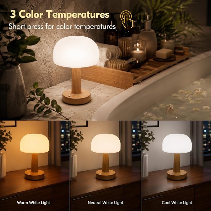 Spa-Like Shower Lamp, IP65 Waterproof Cordless Table Lamp, Wood Grain | Rechargeable Shower Light for Inside Shower with Touch Control Dimmable, 3CCT Mood Light for Bathtub, Patio, Outdoor