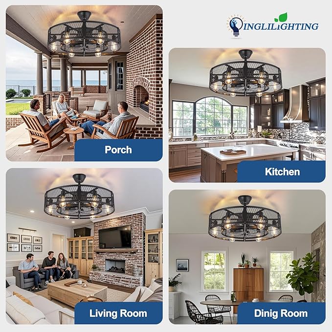 DLLT Caged Ceiling Fan with Lights: 26" Bladeless Fandelier Ceiling Fans with Light and Remote - Black Industrial Chandelier Enclosed Fan Light for Bedroon Living Dining Room Kitchen