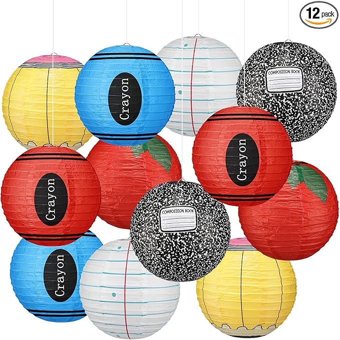 12 Pcs Back to School Classroom Paper Lanterns 10 Inch Classroom Hanging Decoration Composition Notebook Pencil Crayon Apple Lanterns Ceilings for First Day of School Party Supplies