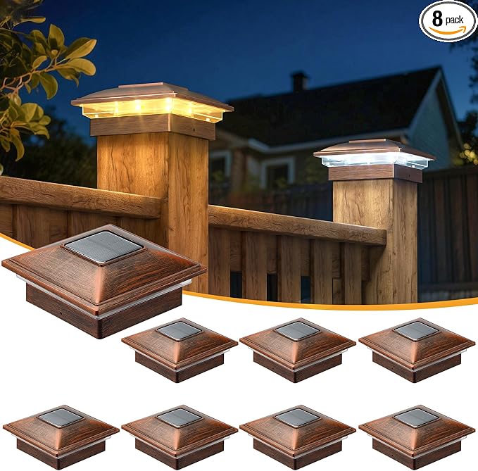APONUO Solar Post Cap Lights - 8 Pack Outdoor Waterproof for 4x4, 5x5, 6x6 Posts, 2 Modes Warm/Cool Light, Solar Powered Fence/Deck/Patio Decor, Brushed Copper
