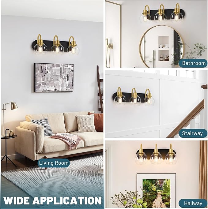 Modern 3-Light Vanity Light, Bathroom Lighting Fixture Over Mirror With Clear Glass Shade and Metal Base, Wall Sconces in Matte Black and Gold