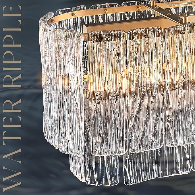 Gold Rectangle Chandeliers for Dining Room Modern Island Light Crystal Glass 6-Light Chandelier Rectangular Linear Pendant Hanging Ceiling Light Fixture for Kitchen L35.5”
