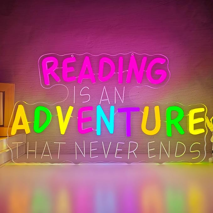 Colorful Reading Classroom Neon Sign Reading Is An Adventure That Never Ends Neon Light for Wall Decor School Classroom LED Sign for Kids' Room Read Corner Study Room Neon Wall Art for Teacher