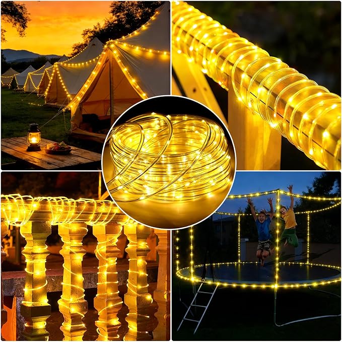 (New) 66FT 240 LED Rope Lights, Outdoor String Lights with 8 Lighting Modes, End-to-end Connectable Waterproof Clear PVC Tube Lights for Yard, Garden, Patio, Party, Indoor Outdoor Decor (Warm White)