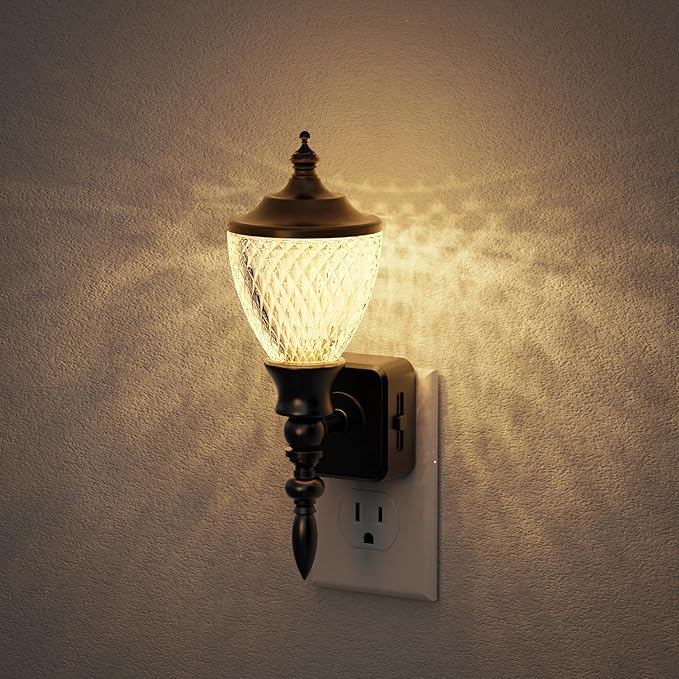 JandCase Night Lights Plug into Wall, 3000K Soft White, Dusk to Dawn Sensor, 0-100LM Dimmable Industrial Night Light, for Bedroom, Bathroom, Living Room, Hallway